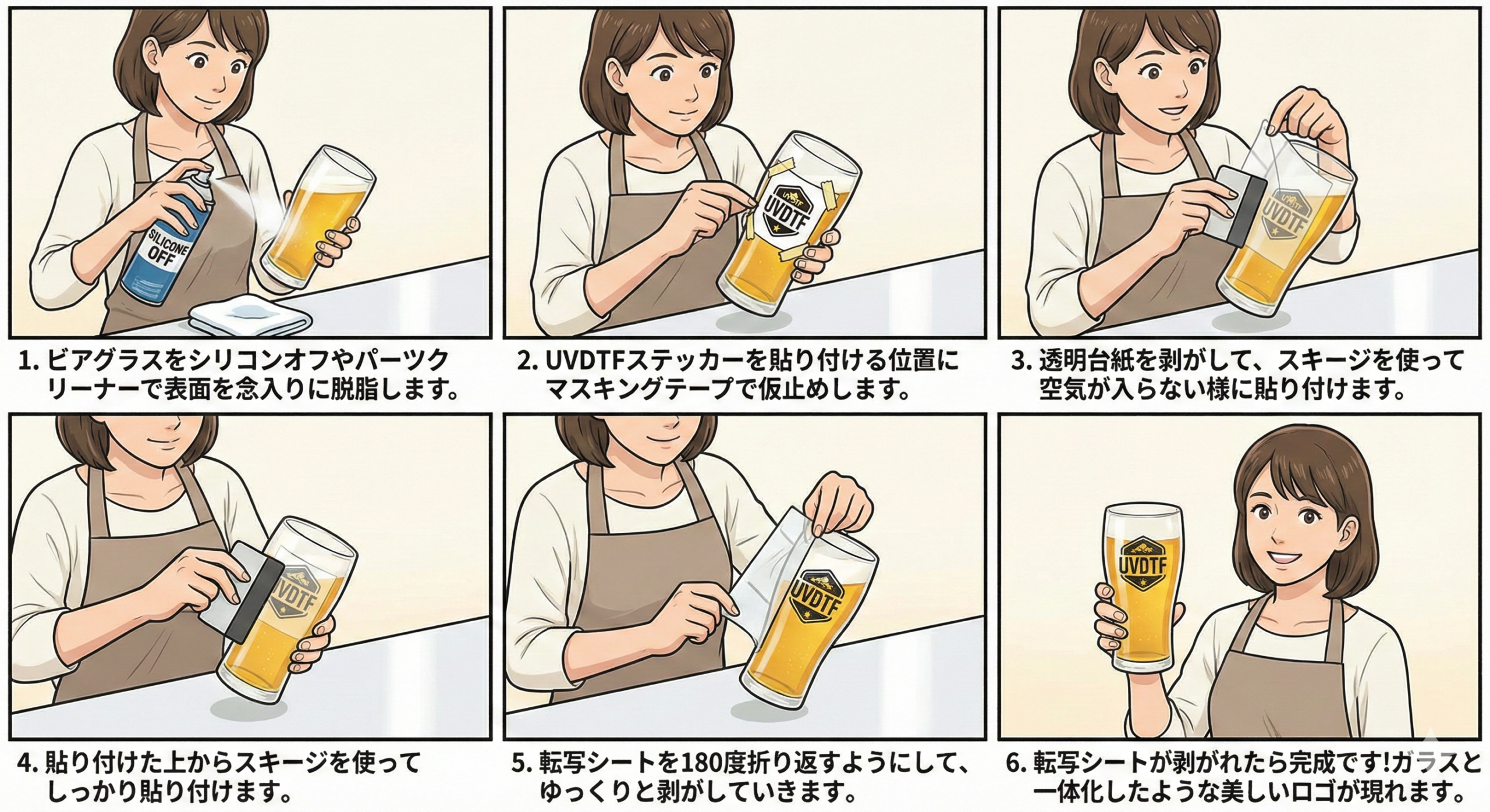 UVDTFステッカー、ビアグラス貼り方6コマ漫画
