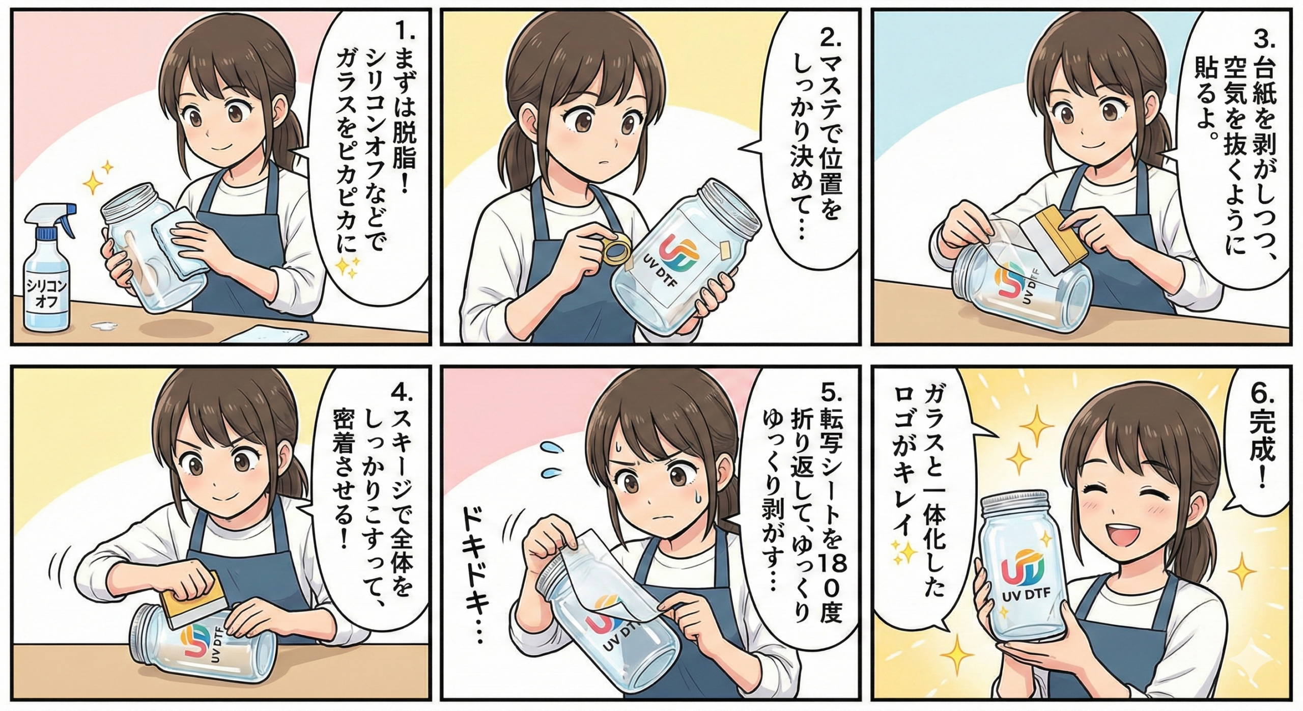 UVDTFステッカー-ガラス容器貼り方6コマ漫画