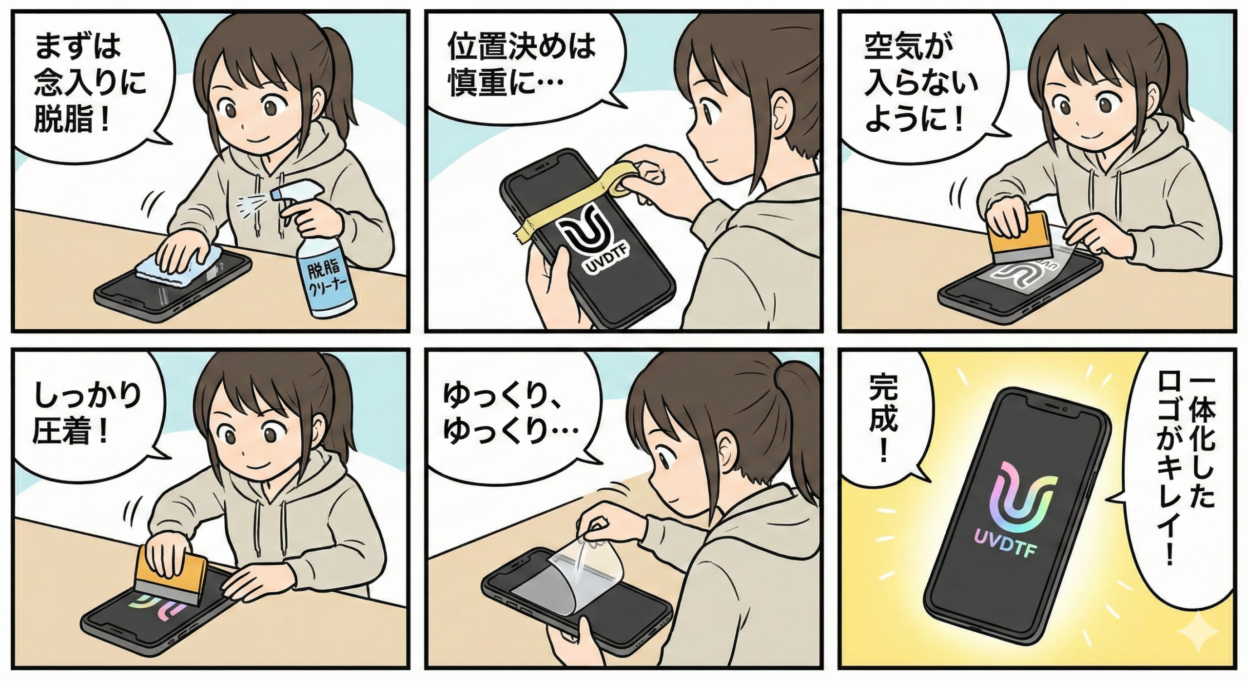 UVDTFステッカー-スマホ貼り方6コマ漫画