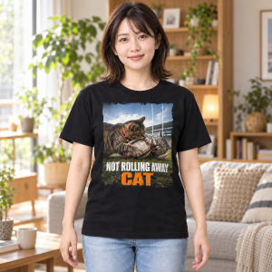 窓辺のある自然な室内で5001-01 ブラックの猫Tシャツを着たAIモデルのモックアップ