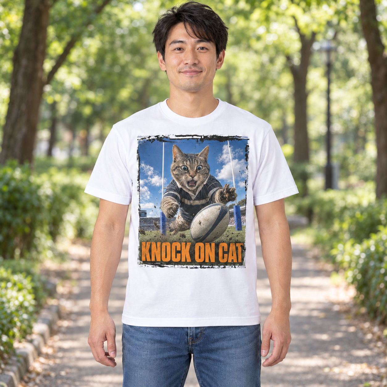 緑のある公園で5001-01 ホワイトの猫Tシャツを着たAIモデルのモックアップ